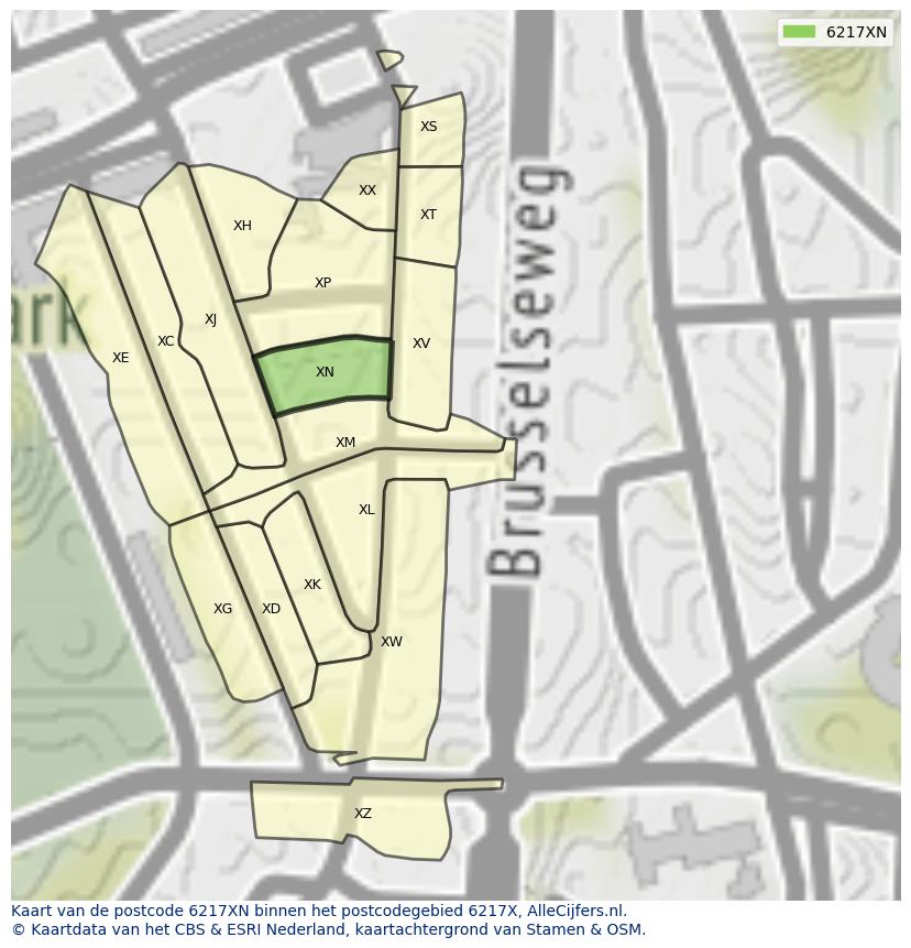 Afbeelding van het postcodegebied 6217 XN op de kaart.