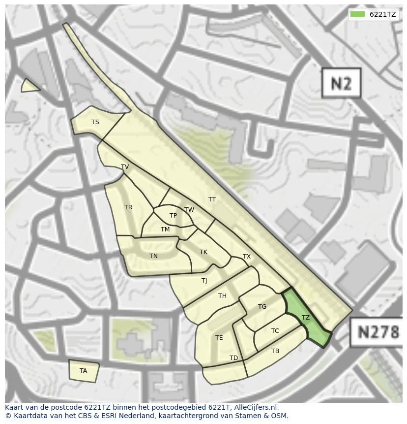 Afbeelding van het postcodegebied 6221 TZ op de kaart.