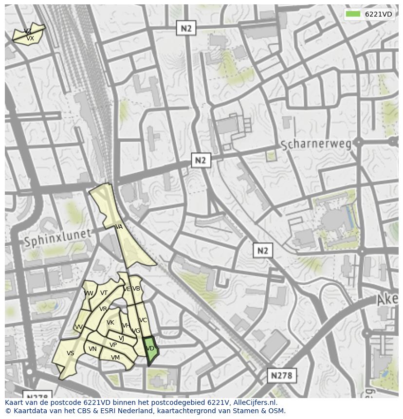 Afbeelding van het postcodegebied 6221 VD op de kaart.