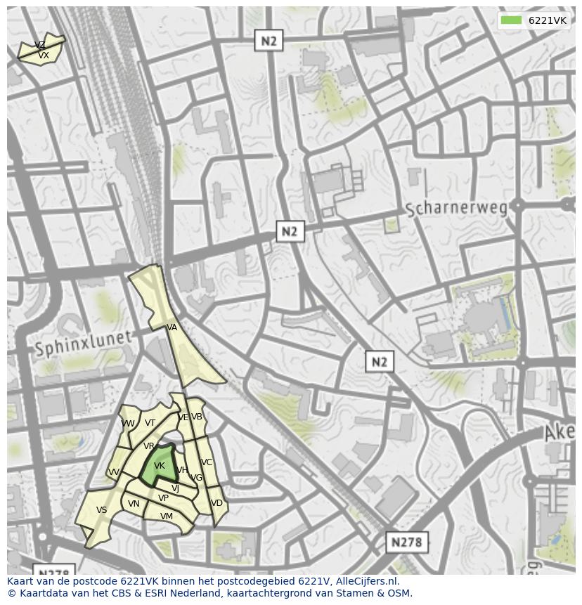 Afbeelding van het postcodegebied 6221 VK op de kaart.