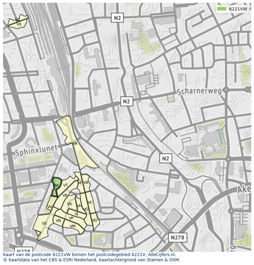 Afbeelding van het postcodegebied 6221 VW op de kaart.