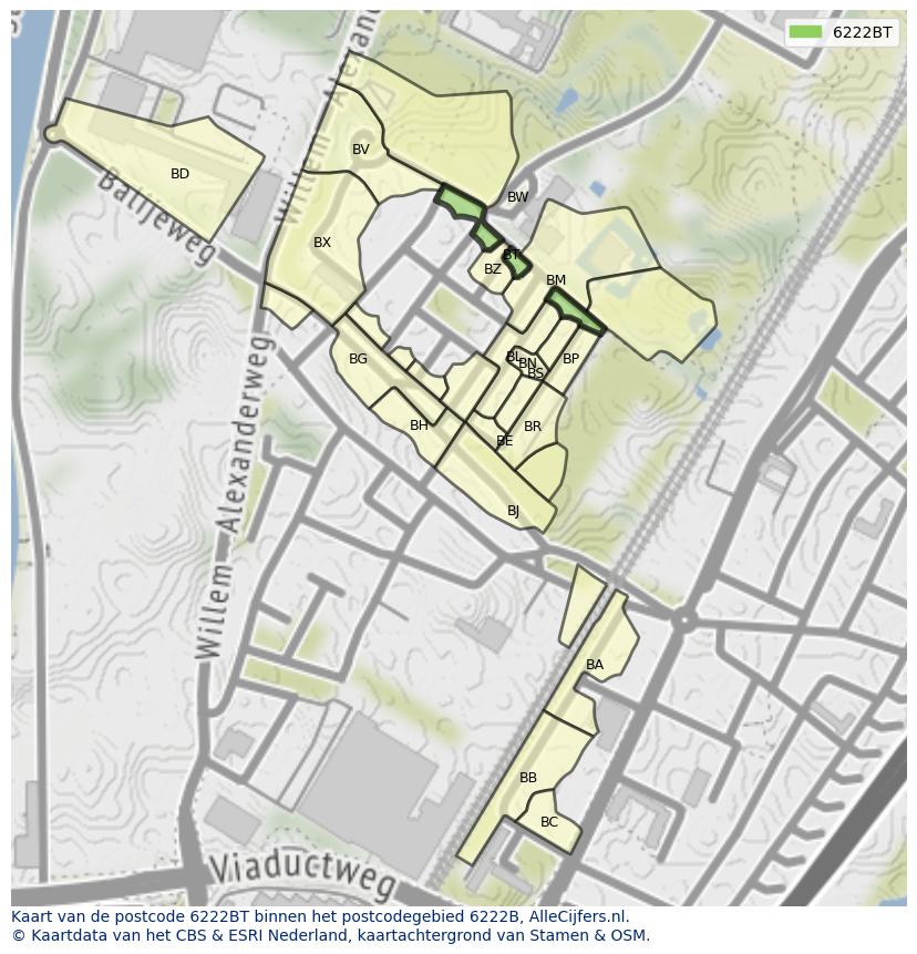 Afbeelding van het postcodegebied 6222 BT op de kaart.