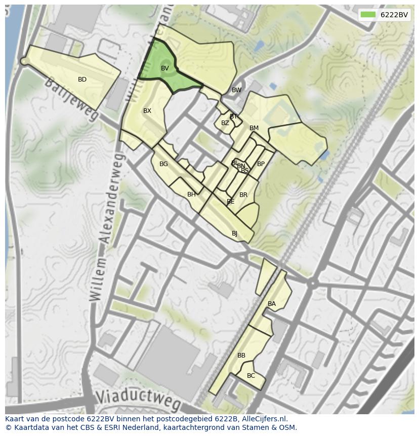 Afbeelding van het postcodegebied 6222 BV op de kaart.