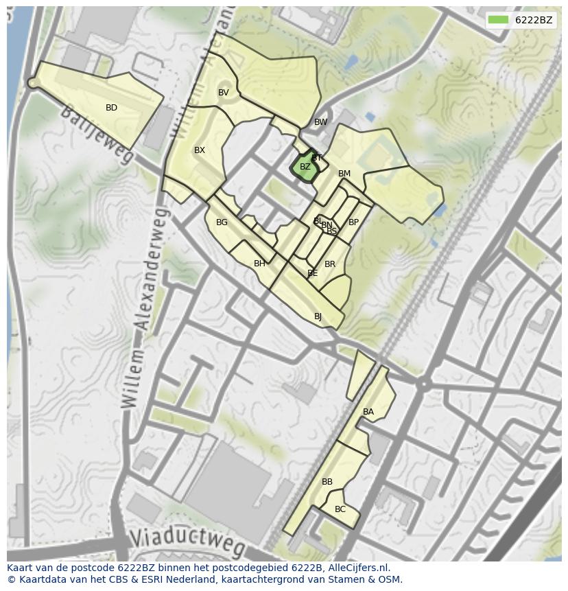 Afbeelding van het postcodegebied 6222 BZ op de kaart.