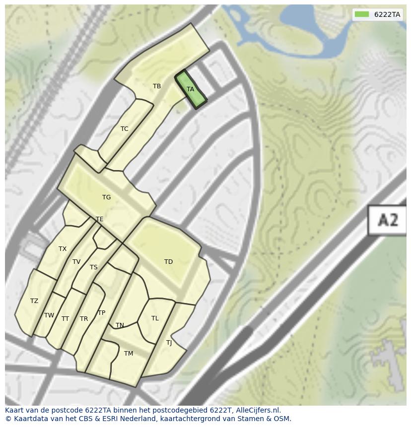 Afbeelding van het postcodegebied 6222 TA op de kaart.