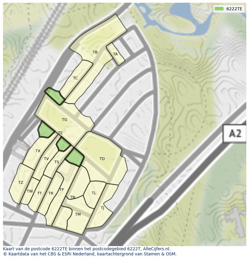 Afbeelding van het postcodegebied 6222 TE op de kaart.