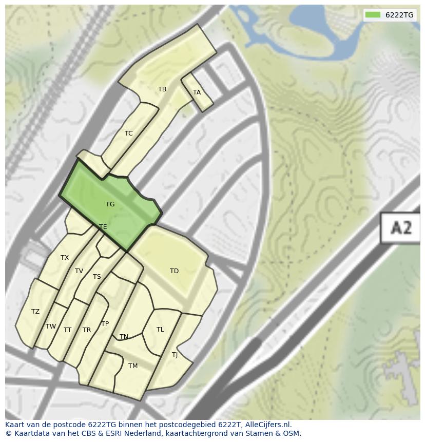 Afbeelding van het postcodegebied 6222 TG op de kaart.