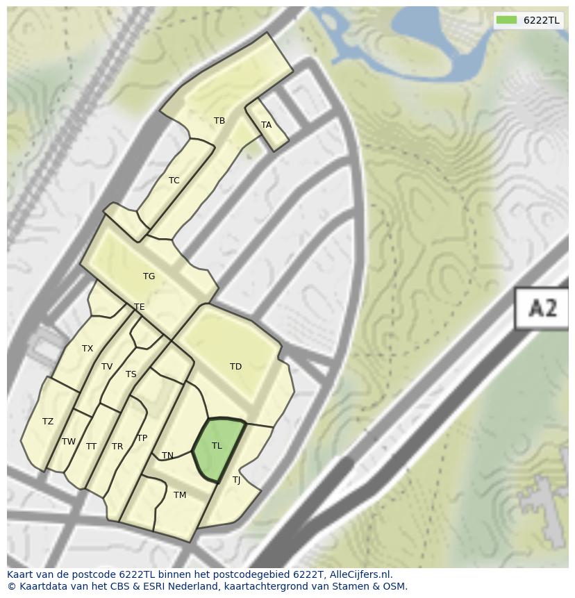 Afbeelding van het postcodegebied 6222 TL op de kaart.