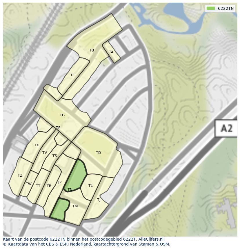 Afbeelding van het postcodegebied 6222 TN op de kaart.
