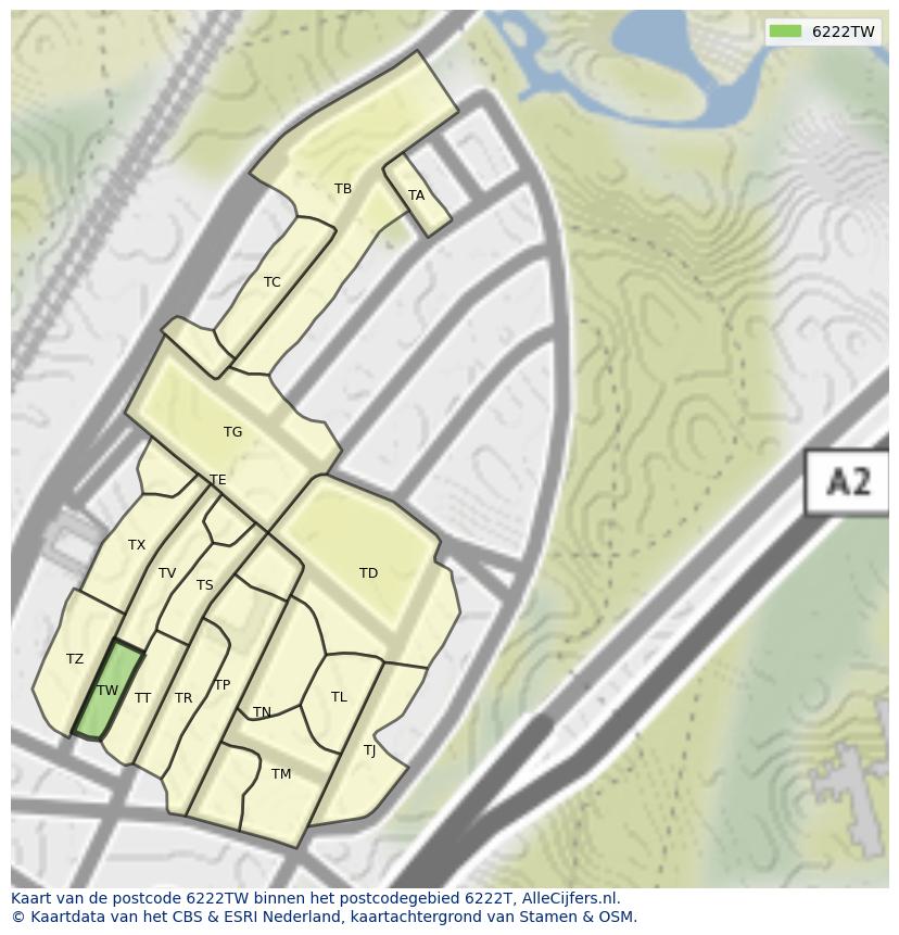 Afbeelding van het postcodegebied 6222 TW op de kaart.