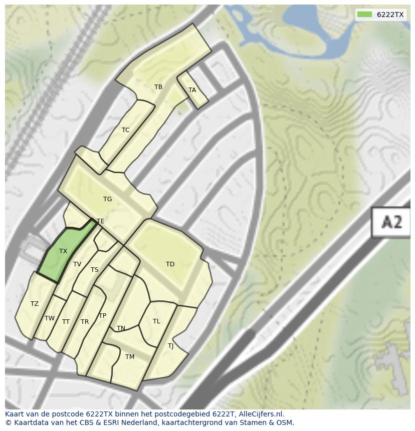 Afbeelding van het postcodegebied 6222 TX op de kaart.