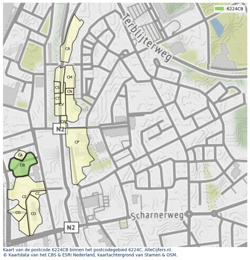 Afbeelding van het postcodegebied 6224 CB op de kaart.