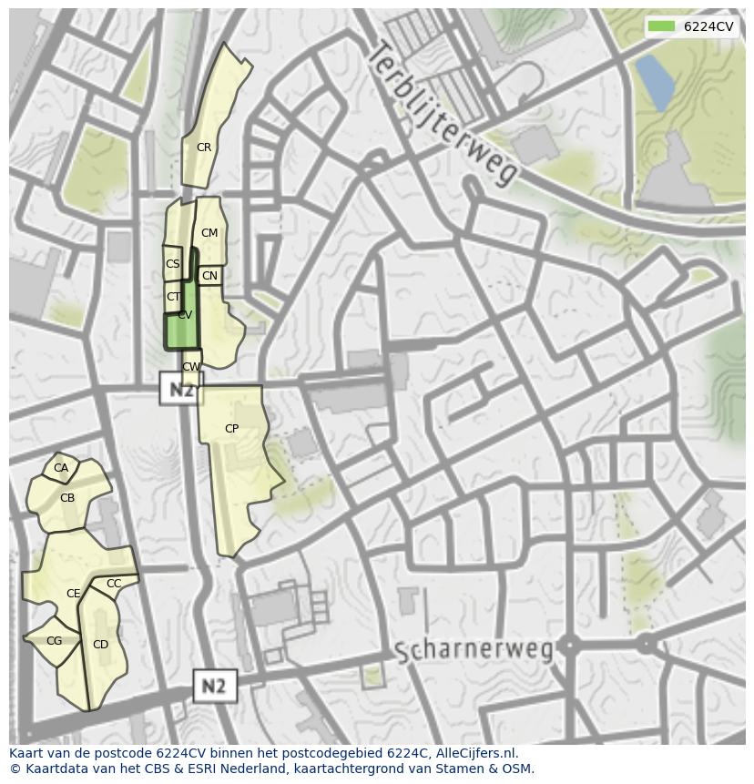 Afbeelding van het postcodegebied 6224 CV op de kaart.