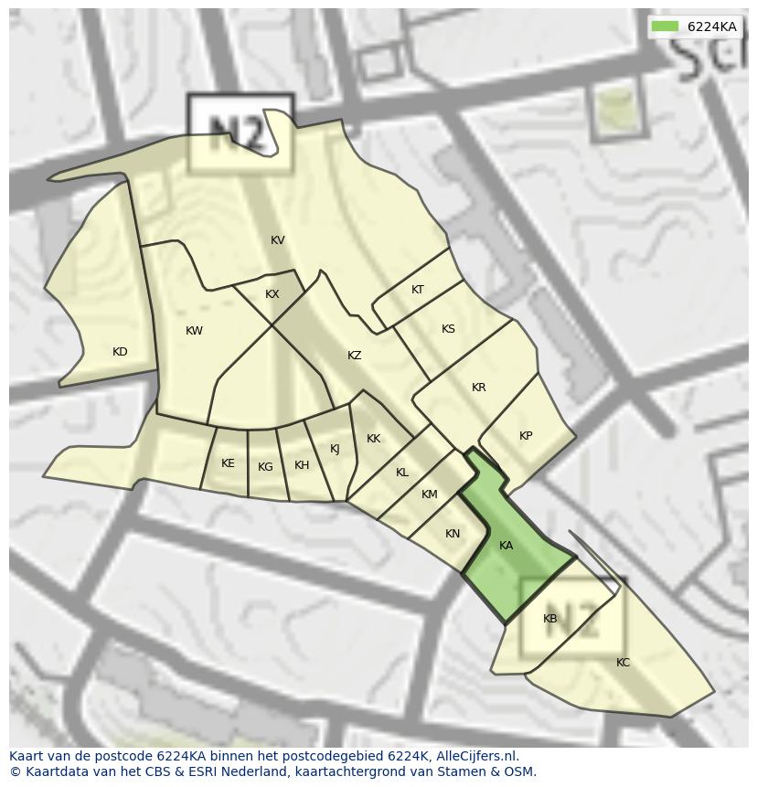Afbeelding van het postcodegebied 6224 KA op de kaart.