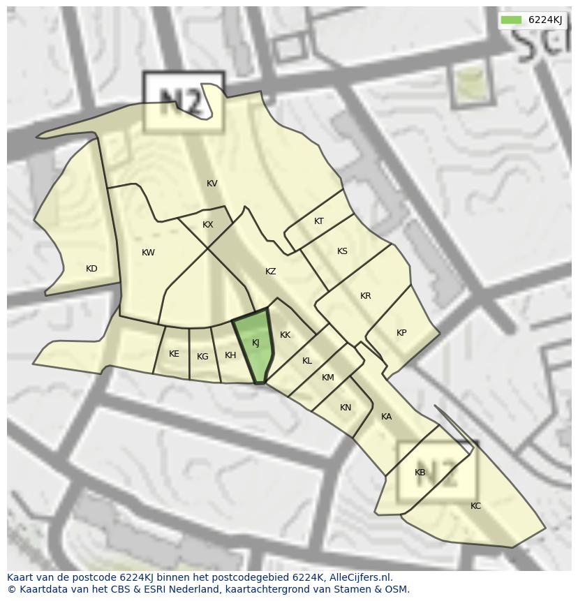 Afbeelding van het postcodegebied 6224 KJ op de kaart.