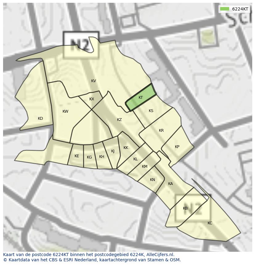 Afbeelding van het postcodegebied 6224 KT op de kaart.