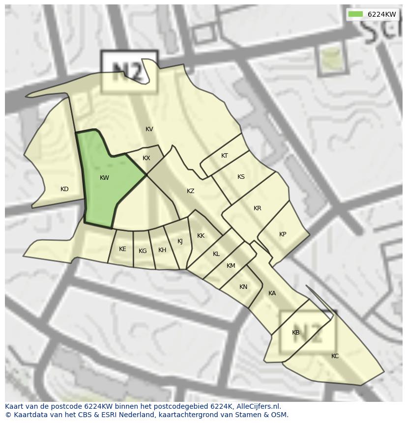 Afbeelding van het postcodegebied 6224 KW op de kaart.