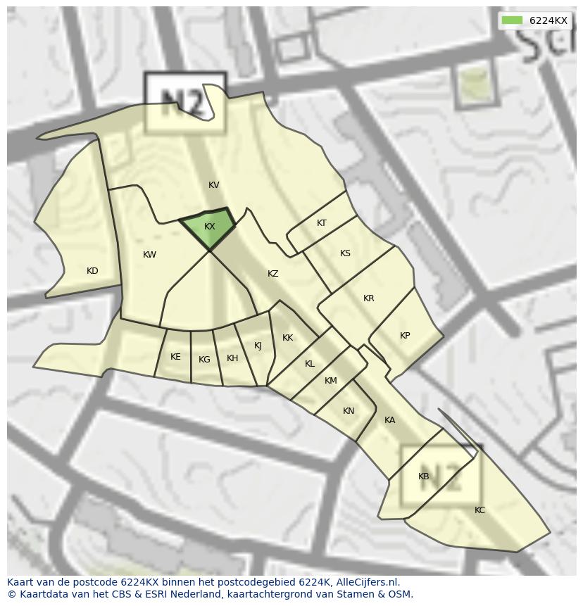 Afbeelding van het postcodegebied 6224 KX op de kaart.