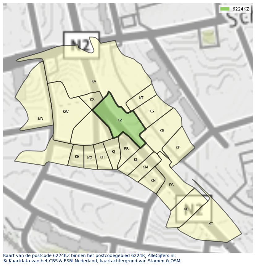 Afbeelding van het postcodegebied 6224 KZ op de kaart.