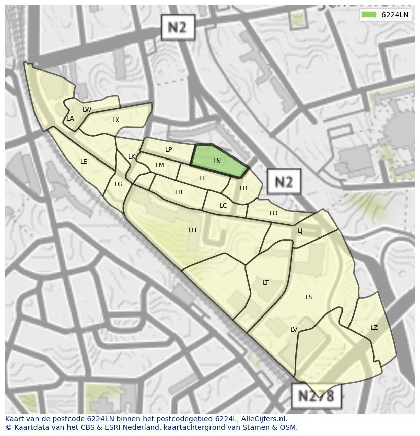 Afbeelding van het postcodegebied 6224 LN op de kaart.