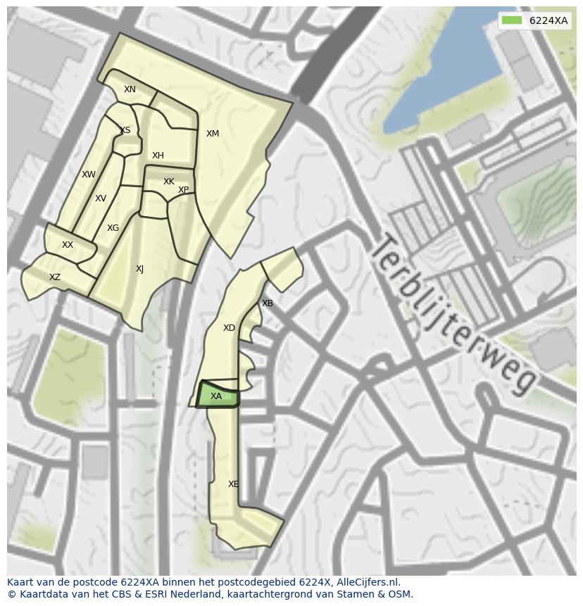 Afbeelding van het postcodegebied 6224 XA op de kaart.