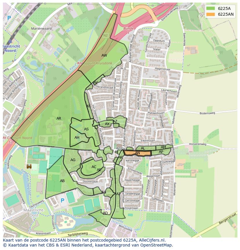 Afbeelding van het postcodegebied 6225 AN op de kaart.