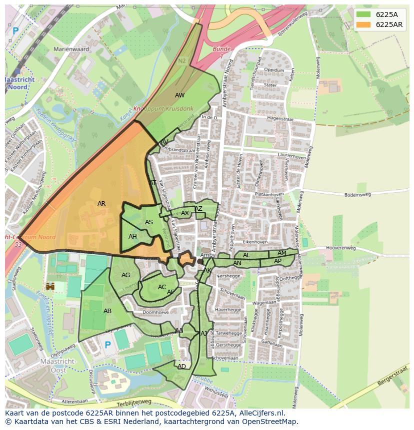 Afbeelding van het postcodegebied 6225 AR op de kaart.