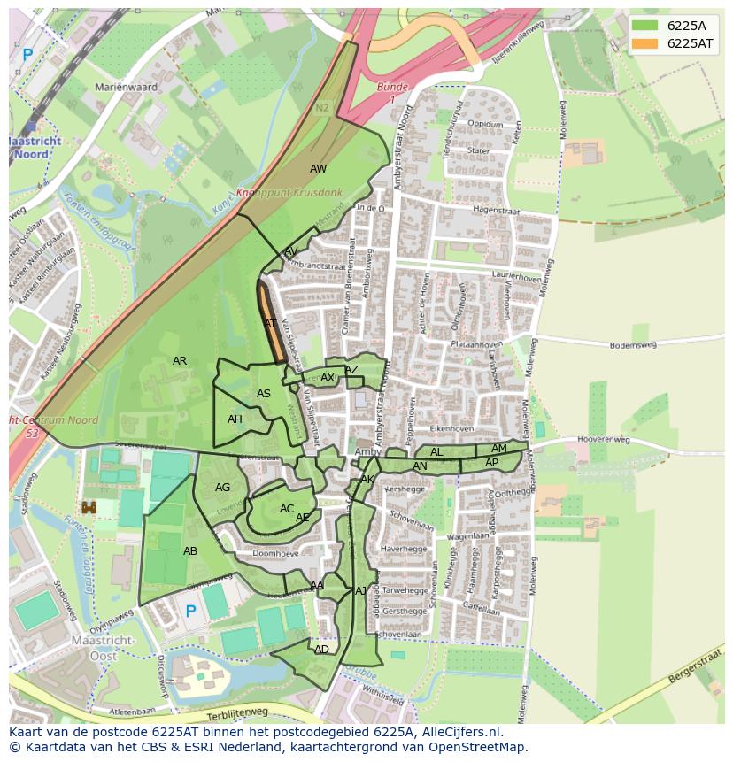 Afbeelding van het postcodegebied 6225 AT op de kaart.