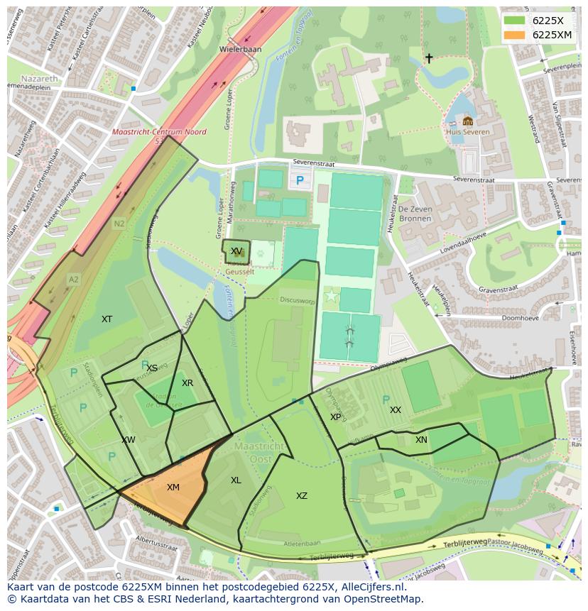 Afbeelding van het postcodegebied 6225 XM op de kaart.