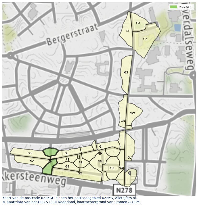 Afbeelding van het postcodegebied 6226 GC op de kaart.