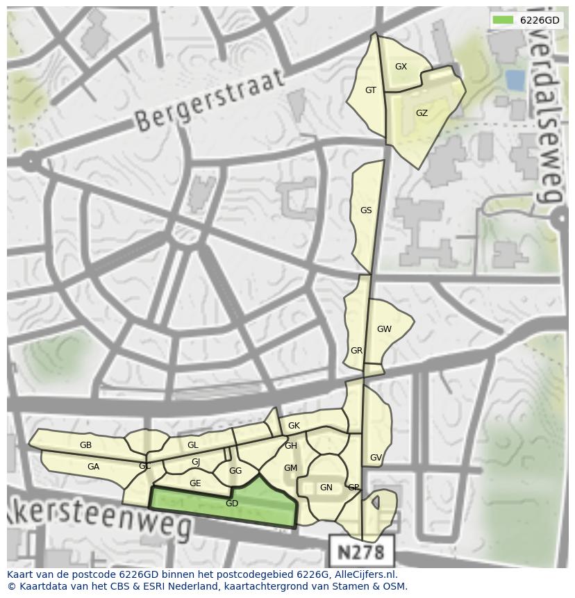 Afbeelding van het postcodegebied 6226 GD op de kaart.