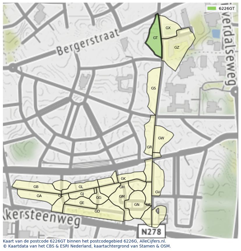 Afbeelding van het postcodegebied 6226 GT op de kaart.
