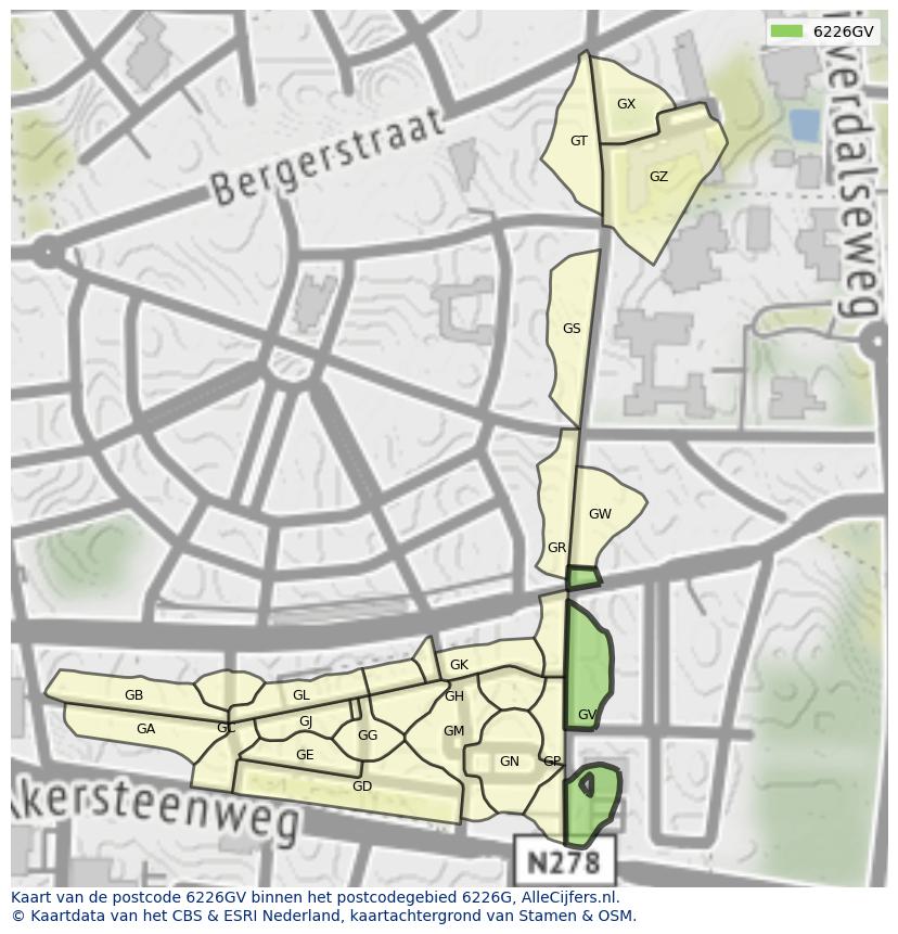 Afbeelding van het postcodegebied 6226 GV op de kaart.