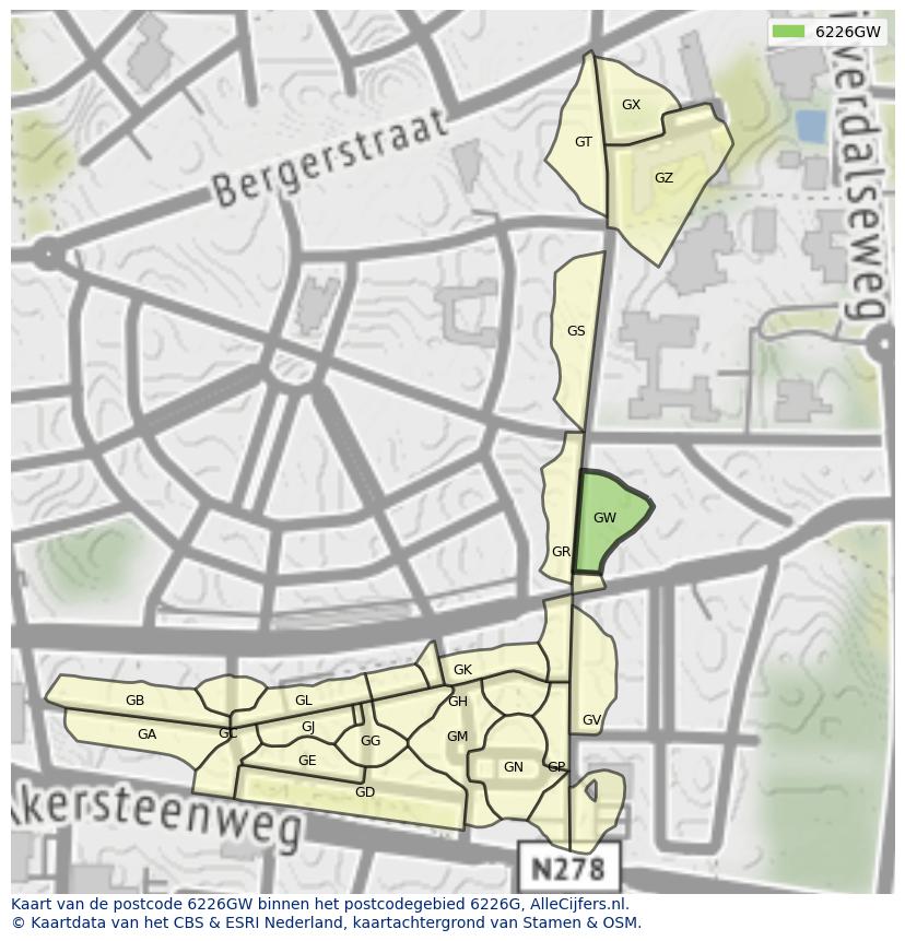 Afbeelding van het postcodegebied 6226 GW op de kaart.