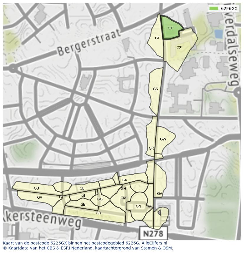 Afbeelding van het postcodegebied 6226 GX op de kaart.