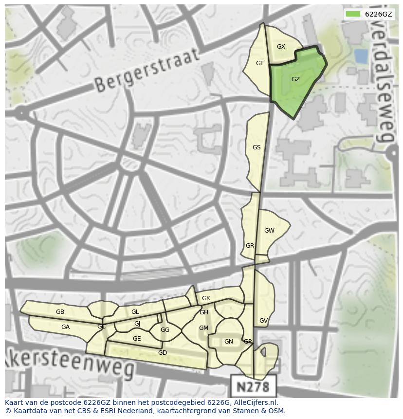 Afbeelding van het postcodegebied 6226 GZ op de kaart.