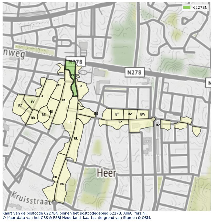 Afbeelding van het postcodegebied 6227 BN op de kaart.