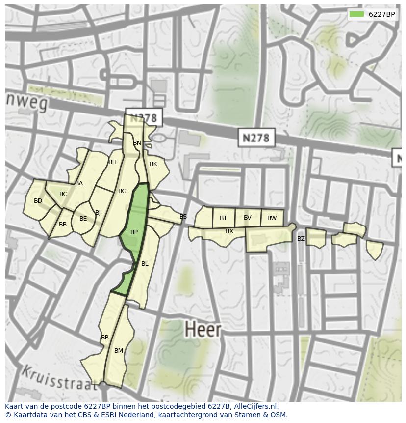 Afbeelding van het postcodegebied 6227 BP op de kaart.