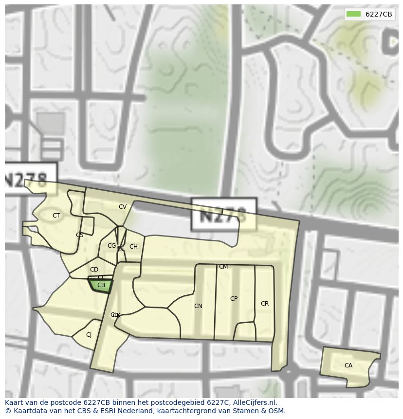 Afbeelding van het postcodegebied 6227 CB op de kaart.