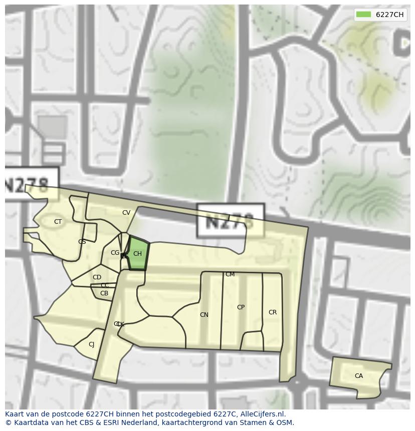 Afbeelding van het postcodegebied 6227 CH op de kaart.