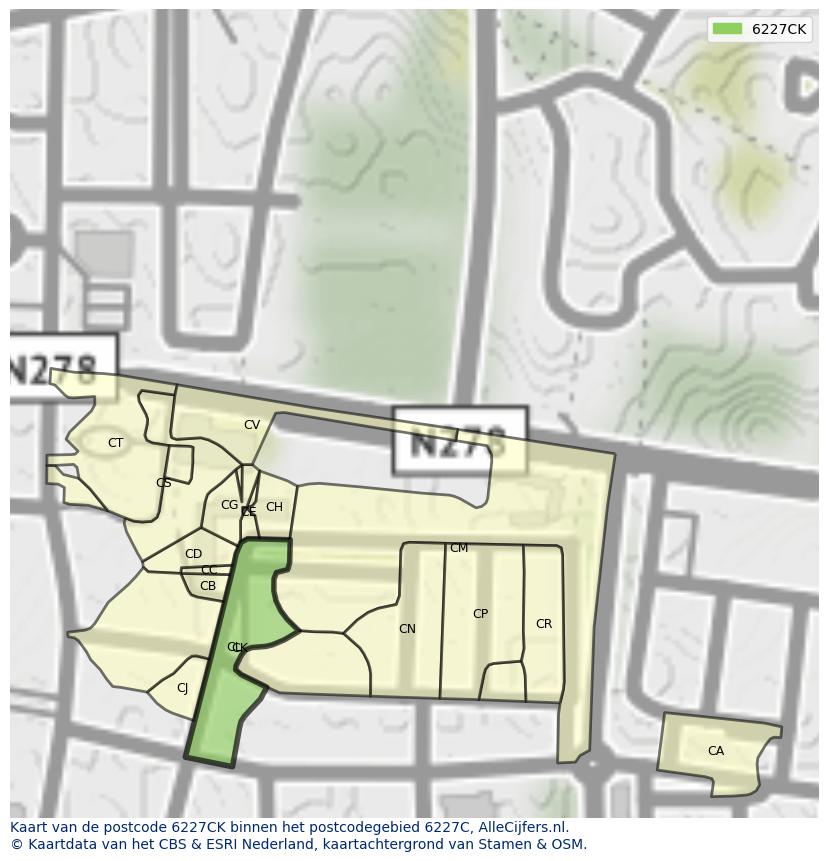 Afbeelding van het postcodegebied 6227 CK op de kaart.