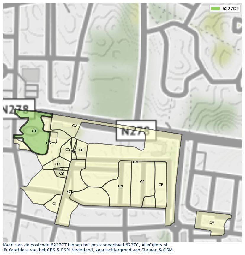Afbeelding van het postcodegebied 6227 CT op de kaart.