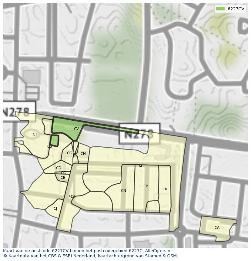 Afbeelding van het postcodegebied 6227 CV op de kaart.