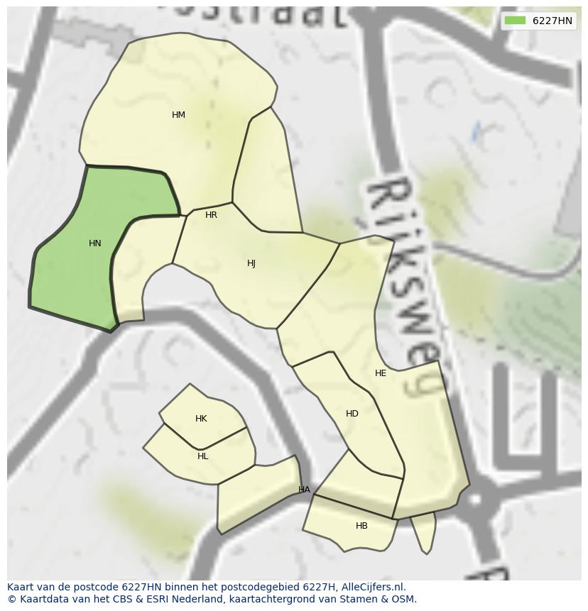 Afbeelding van het postcodegebied 6227 HN op de kaart.
