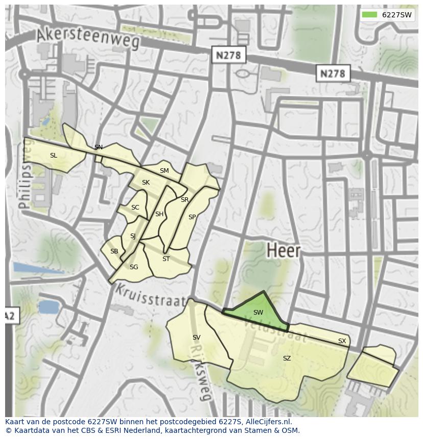 Afbeelding van het postcodegebied 6227 SW op de kaart.