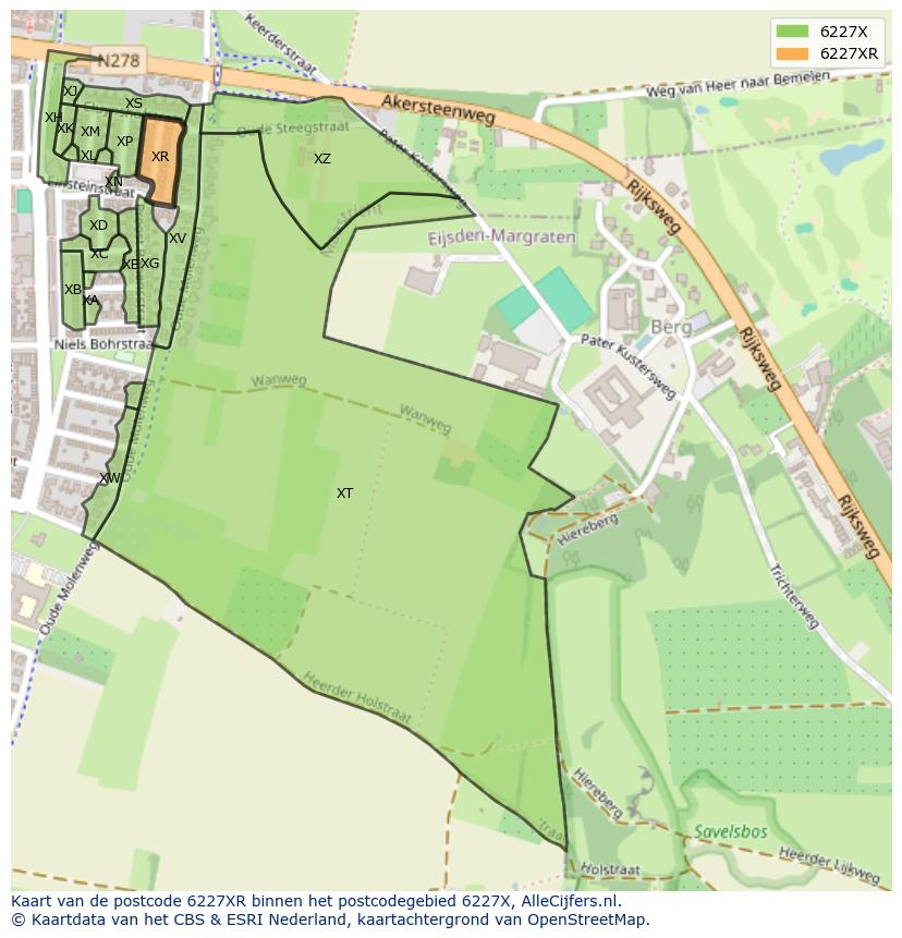 Afbeelding van het postcodegebied 6227 XR op de kaart.