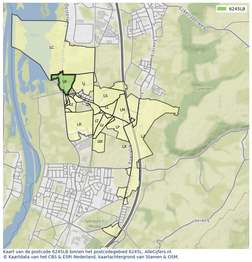 Afbeelding van het postcodegebied 6245 LB op de kaart.