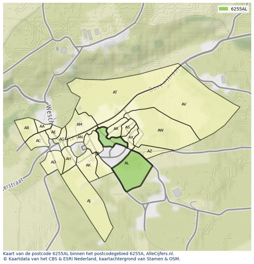 Afbeelding van het postcodegebied 6255 AL op de kaart.