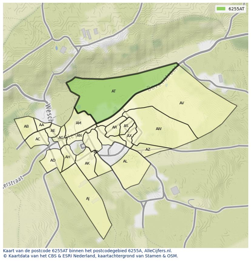 Afbeelding van het postcodegebied 6255 AT op de kaart.