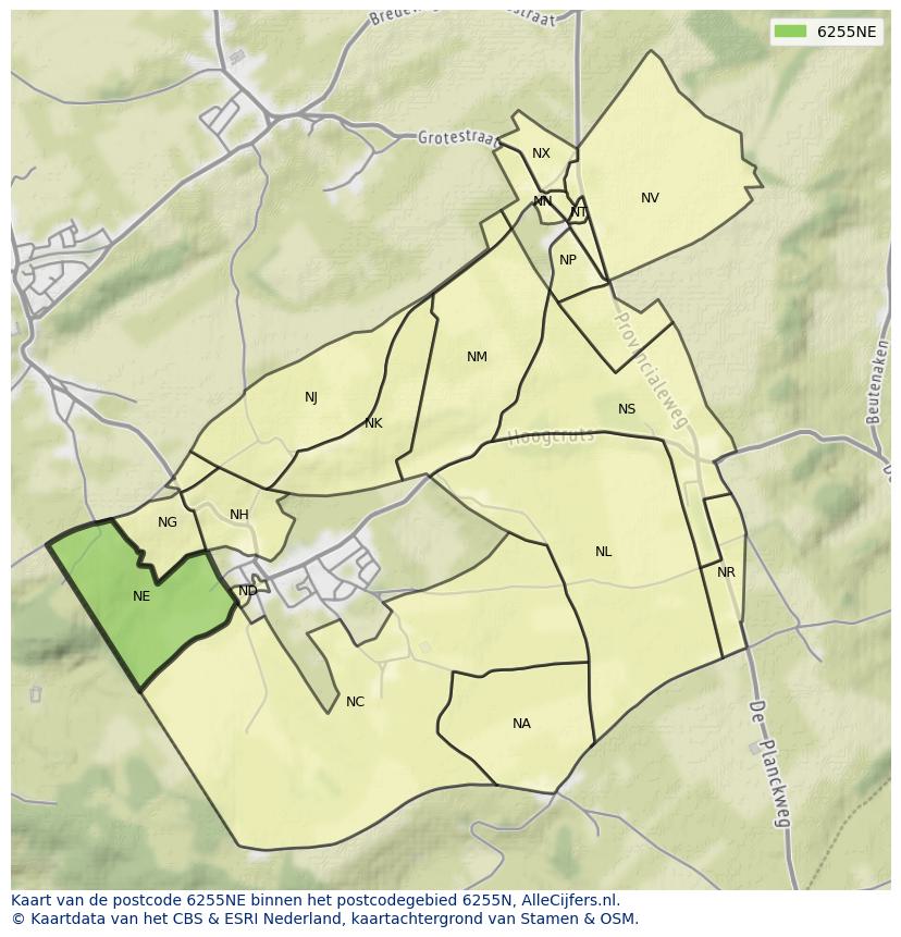 Afbeelding van het postcodegebied 6255 NE op de kaart.